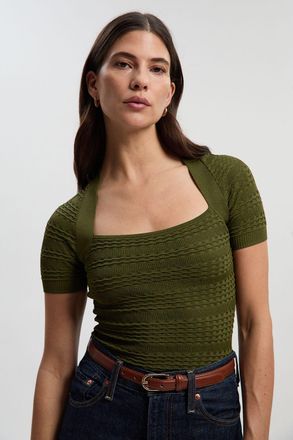 Karen Millen Womens Pointelle Stitch Detail Knit Top - Khaki Viscose - Size X-Small