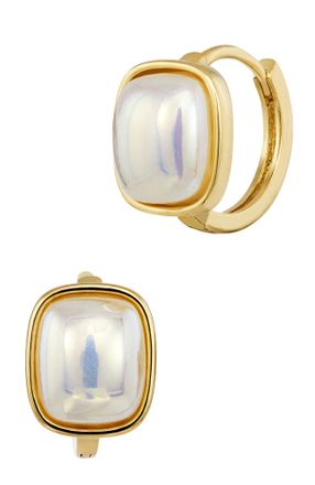 Savvy Cie Jewels GOLD PLATED OVER BRASS PEARL CABACHON HUGGIE EARRINGS