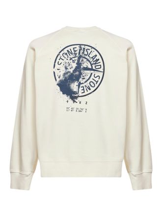Stone Island Mens Crewneck Sweatshirt Compass Print Ivory Cotton Sweatshirts Sweater