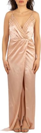 Elisabetta Franchi Rode Loper Jurk met Geborduurde Kristallen - Dames - Avondkleed - Beige - S - Satijn - Kleedjes