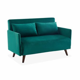 Sweeek Sof&aacute; cama de terciopelo con patas de madera, 2 plazas, verde