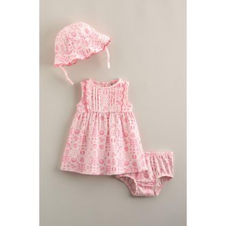 Nordstrom Pintuck Ruffle Cotton Dress, Hat & Bloomers Set in Pink Heaven Painted Tiles at Nordstrom, Size 18M