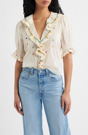 D&ocirc;en Hettie Embroidered Ruffle Organic Cotton Top in Candlelight at Nordstrom, Size Large