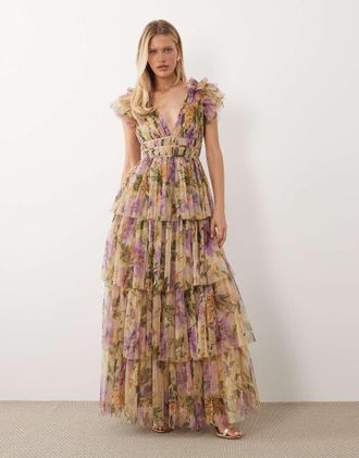 Lace & Beads Vestito lungo in tulle a balze con volant sulle spalle viola con stampa botanica-Multicolore