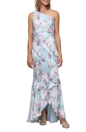 Alex Evenings One-Shoulder Floral Print Burnout Chiffon Gown in Blue/Multi at Nordstrom, Size 10