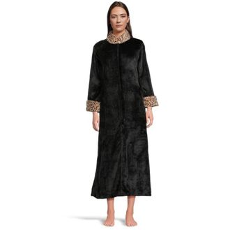 Natori N by Natori Plush Lynx Mandarin Zip Lounger Women Black Cozy Faux Fur GBO3238