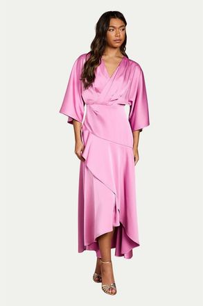 Coast Satin Back Crepe Ruffle Wrap Midi Dress in Pink at Nordstrom, Size 10