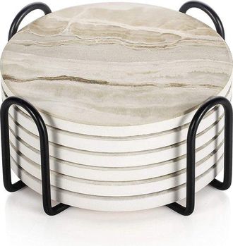 OEM Juego De Posavasos Con Soporte Met&aacute;lico - Funcional Y Elegante - 6 Piezas - Aspecto M&aacute;rmol - Cer&aacute;mica