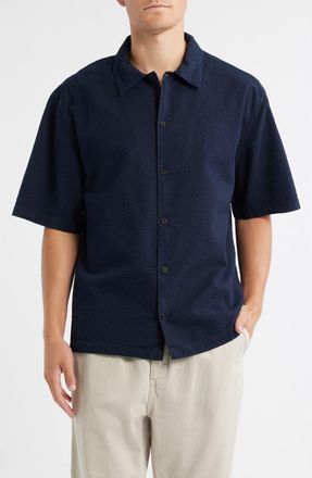 Wax London Keats Short Sleeve Cotton Seersucker Button-Up Shirt in Navy at Nordstrom, Size Xx-Large