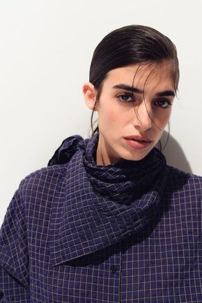 H&M Seersucker Shirt With Scarf in Dark Blue/checked at Nordstrom, Size X-Small