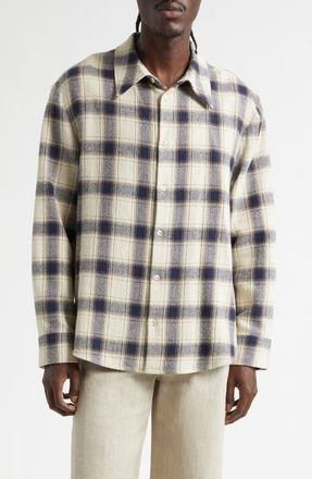 S&eacute;fr Wes Plaid Cotton Flannel Button-Up Shirt in Navy Tablecloth Check at Nordstrom, Size X-Large