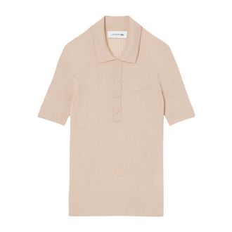 Lacoste Merino Wool Jumper with 3D Ribbed Polo Neck - female - Lacoste - Polo Shirts - Beige - 2XS - Tops