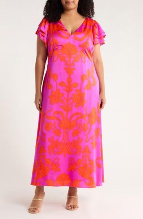 Sugarlips Vallie Floral Flutter Sleeve Satin Maxi Dress in Magenta-Mul at Nordstrom, Size 1 X