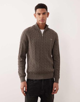 GANT Maglione in cotone marrone lavorato a trecce con zip corta