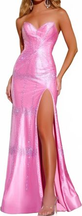 Jovani Elegant Strapless Gown With Beaded Embellishments And Side Slit In Pink