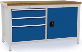 OEM Banco De Trabajo L1500xf750xh859mm Haya Multiplex Gris Claro Azul Se&ntilde;al 3 Cajones, 1 Puerta