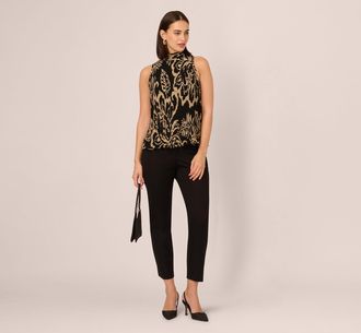 Adrianna Papell Pleated Floral Halter Top In Black Ornate Floral