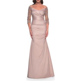 La Femme Mermaid Satin Dress with Gathering and Off the Shoulder Top in Champagne at Nordstrom, Size 12