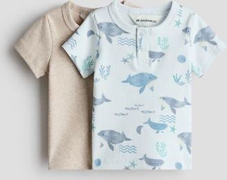 H&M 2-pack Cotton Henley Tops in Light Blue/whales at Nordstrom, Size Newborn