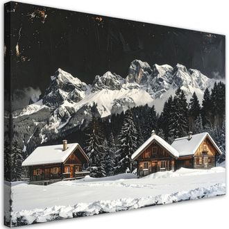 Feeby Cuadro En Lienzo, Paisaje Invernal De Monta&ntilde;a Caba&ntilde;as Bosque Monta&ntilde;a, 120x80