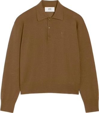 Ami Bruine Wol Zijde Polo Shirt - Heren - Polos - Bruin - XL - Wol - Tops