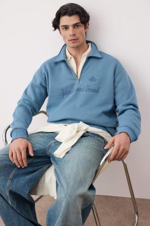 Trendyol MAN Heren Blauw Slogan Lang Oversized Sweatshirts