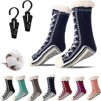 Generic Ultra-Thick Cute Slipper Home Socks-2026 New Ultra Tthick Cashmere Slipper Socks with Grips for Women (Dark Blue)