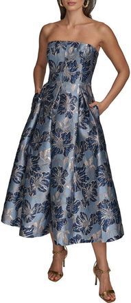 DKNY Floral Strapless Fit & Flare Midi Cocktail Dress in Cielo Multi at Nordstrom, Size 14