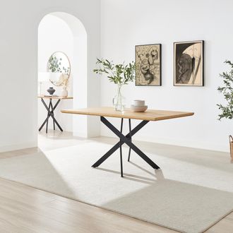 Furniturebox Leonardo Rectangular Oak Veneer & Black Metal 6 Seater Dining Table in Light Brown