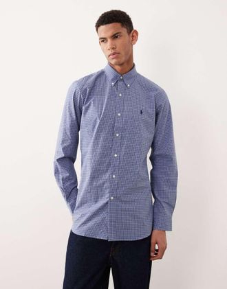Polo Ralph Lauren Camicia custom fit in popeline color blu medio a quadri con logo