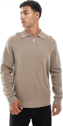 Jack & Jones Premium - Polo a maniche lunghe in maglia beige con cerniera lampo corta-Neutro