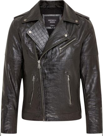 Infinity Leather Mens Black Cow Leather Alligator Print Embossed Biker Jacket - Rot