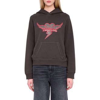 Zadig&Voltaire Georgy Heart Wings Strass Crystal Embellished Cotton Graphic Hoodie in Carbone at Nordstrom, Size X-Small