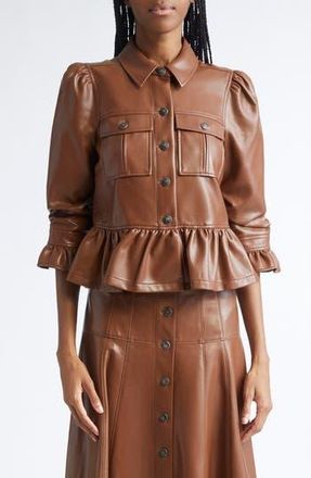 Cinq &agrave; Sept Delanie Faux Leather Peplum Jacket in Dark Sepia at Nordstrom Rack, Size Medium