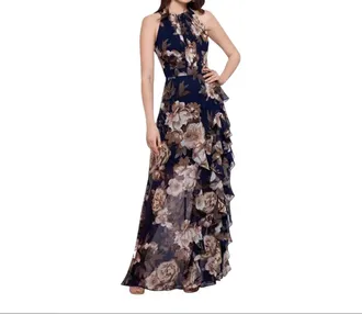 Betsy & Adam Petite Floral Chiffon Ruffle Gown In Navy