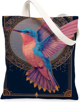 Generic Hummingbird Canvas Tote Bags, Colorful Bird Design Reusable Bags, Summer Vintage Lightweight Washable Shoulder Strap Canvas, Blue, 13x15 Inch