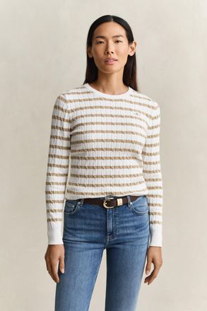 GANT Rundhalspullover GANT STRETCH COTTON CABLE STRIPE C-NECK, Damen, Gr. XXL, oat beige, Strick, Obermaterial: 88% Baumwolle, 10% Polyamid, 2% Elasthan, s
