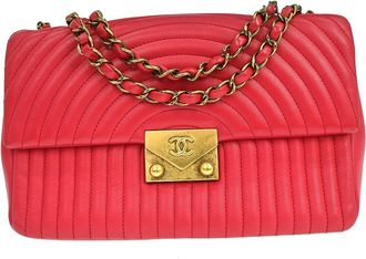 Chanel Surpique Chevron Cc Flap Quilted Lambskin Red Leather Handbag (Pre-Owned)