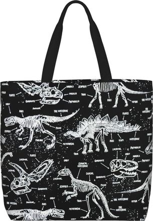 Generic Women Handbag Black And White Dinosaur Skeleton Pattern Womens Tote Bag Print Reusable Shopping Bags, For School, Daily, Work, Swim, Wedding