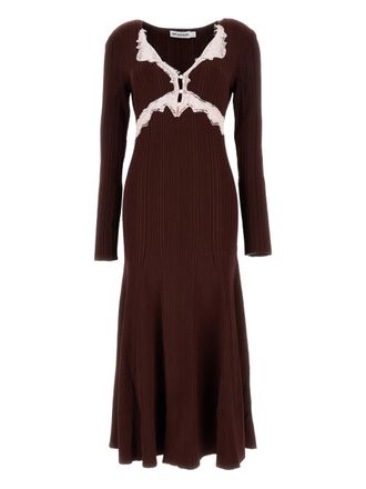 Self Portrait ribbed lace A-line dress - Brown