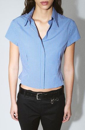 Mango Featuring Hailey Bieber Gigi Check Print Crop Cotton Shirt in Blue at Nordstrom, Size 6