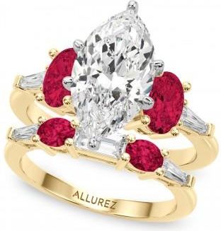 Allurez Marquise Lab Grown Diamond & Oval Ruby Bridal Set 18K Yellow Gold (5.09ct)