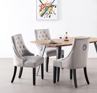 Life Interiors Life Interiors - Juego De Comedor Rocco Lux Windsor: Una Mesa De Comedor De Madera De Roble Y Un Juego De 4 Sillas De Comedor De Terciopelo Gris Claro