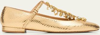Ulla Johnson Bianca Snakeskin-Embossed Metallic Leather Ballet Flats with Crystal T-Strap