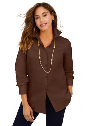 Jessica London Wrinkle-Free Stretch Poplin Shirt in Rich Brown at Nordstrom, Size 28