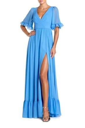 Mac Duggal V-Neck Flutter Sleeve Chiffon Faux Wrap Maxi Gown in Fusion Blue at Nordstrom, Size 12