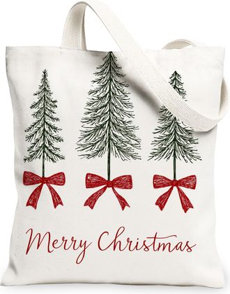 Generic Christmas Tree Canvas Tote Bags, Vintage Rustic Holiday Design Reusable Grocery Bags, Lightweight Washable Shoulder Strap T, White, 13x15 Inch