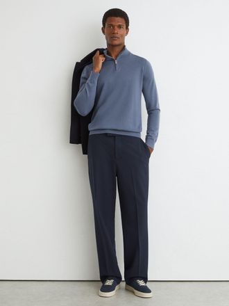 Reiss Airforce Blue & oatmeal Merino Wool Half-zip Funnel-neck Jumper, Xxl