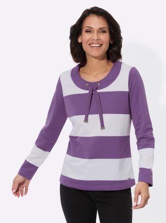 Casual Looks Sweatshirt CASUAL LOOKS, Damen, Gr. 36, lila (lila, ecru, geringelt), 50% Baumwolle, 50% Polyester, gemustert, gestreift, mehrfarbig, Rundhals, Sweats