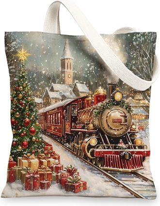Generic Winter Christmas Steam Train Canvas Tote Bag for Shopping 13x15, Industry Machinery Xmas Snow Reusable Grocery Print Pattern Bag for Women, Holiday Be